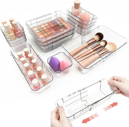 14 PCS Clear Expandable Drawer Organizer Trays for Bathroom & Vanity Drawer