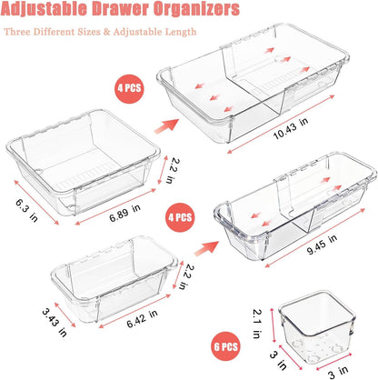 14 PCS Clear Expandable Drawer Organizer Trays for Bathroom & Vanity Drawer