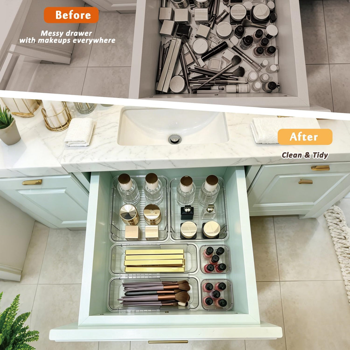 14 PCS Clear Expandable Drawer Organizer Trays for Bathroom & Vanity Drawer