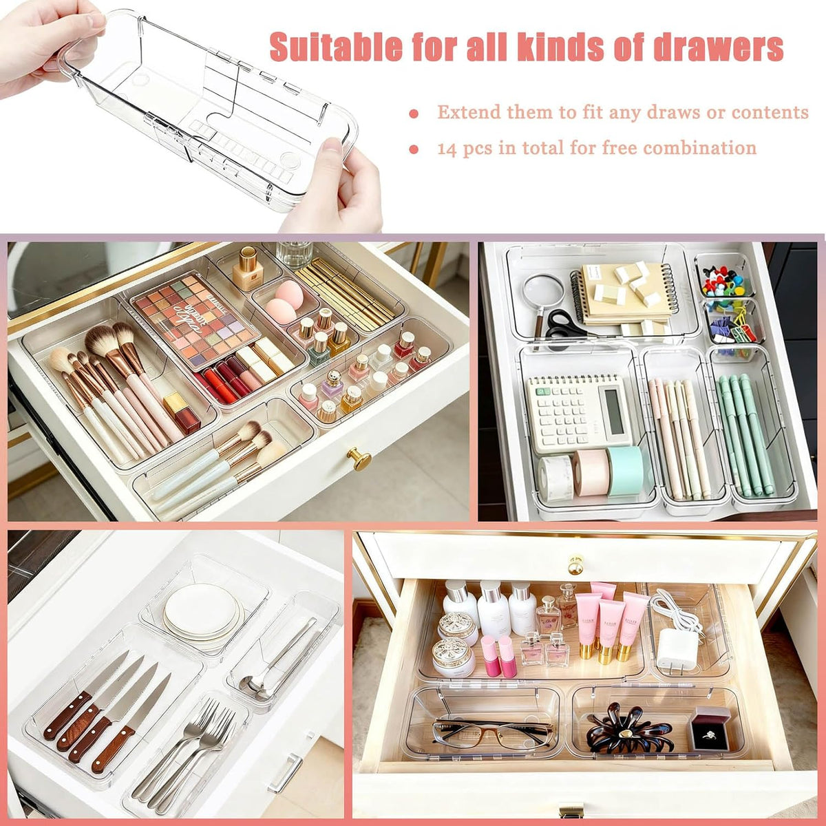 14 PCS Clear Expandable Drawer Organizer Trays for Bathroom & Vanity Drawer