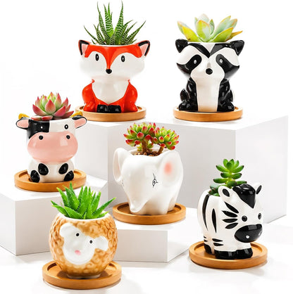 6 Pack Small Succulent Pots with Saucer, 3 Inch Cute Ceramic Animal Planter with Drainage Hole, Unique Air Plant Holder, Desktop Plant Flower Pot for Indoor Plants, Cactus, Garden, Home Decor