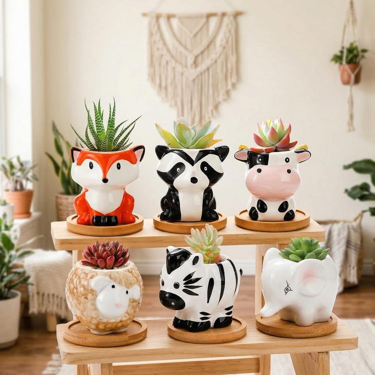 6 Pack Small Succulent Pots with Saucer, 3 Inch Cute Ceramic Animal Planter with Drainage Hole, Unique Air Plant Holder, Desktop Plant Flower Pot for Indoor Plants, Cactus, Garden, Home Decor