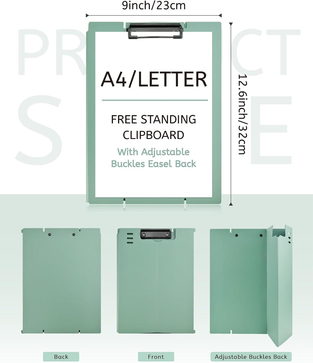 Free Standing Clipboard and Desktop Stand with Adjustable Buckles Easel Back - Foldable Stand and Document Holder for School, Office and Business Use (9.37 x 12.6 inches) (Green)