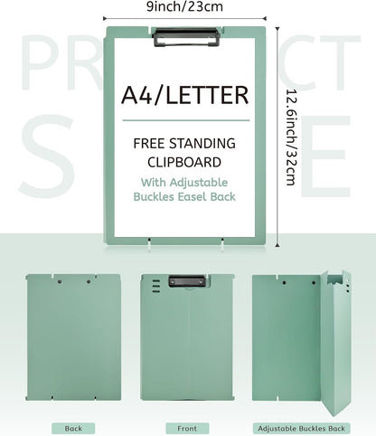 Free Standing Clipboard and Desktop Stand with Adjustable Buckles Easel Back - Foldable Stand and Document Holder for School, Office and Business Use (9.37 x 12.6 inches) (Green)