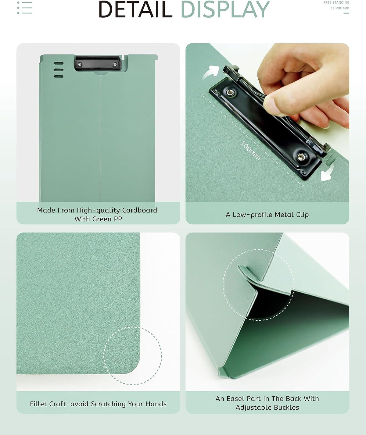 Free Standing Clipboard and Desktop Stand with Adjustable Buckles Easel Back - Foldable Stand and Document Holder for School, Office and Business Use (9.37 x 12.6 inches) (Green)