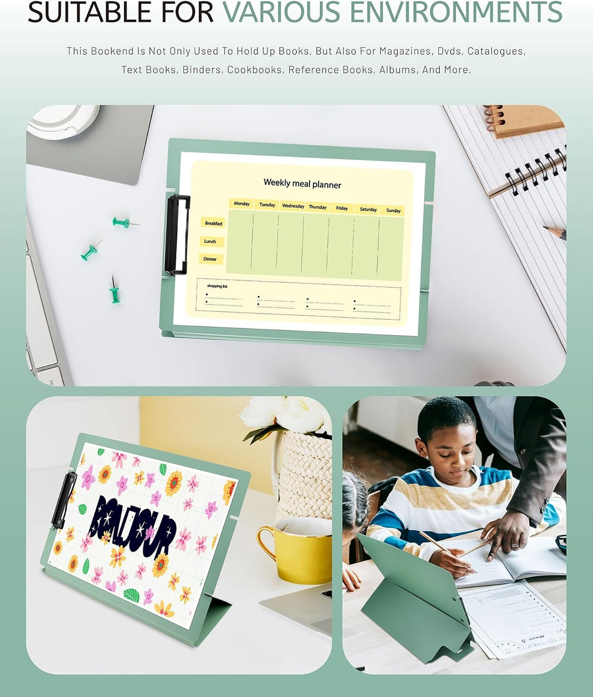 Free Standing Clipboard and Desktop Stand with Adjustable Buckles Easel Back - Foldable Stand and Document Holder for School, Office and Business Use (9.37 x 12.6 inches) (Green)