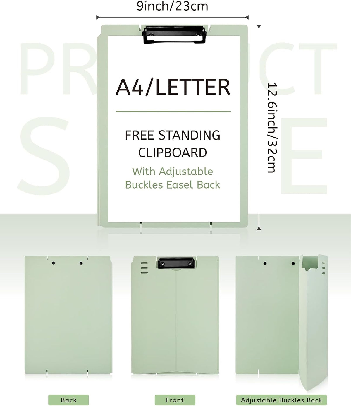 Free Standing Clipboard and Desktop Stand with Adjustable Buckles Easel Back - Foldable Stand and Document Holder for School, Office and Business Use (9.37 x 12.6 inches) (Green)