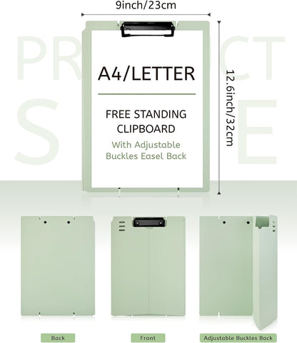 Free Standing Clipboard and Desktop Stand with Adjustable Buckles Easel Back - Foldable Stand and Document Holder for School, Office and Business Use (9.37 x 12.6 inches) (Green)