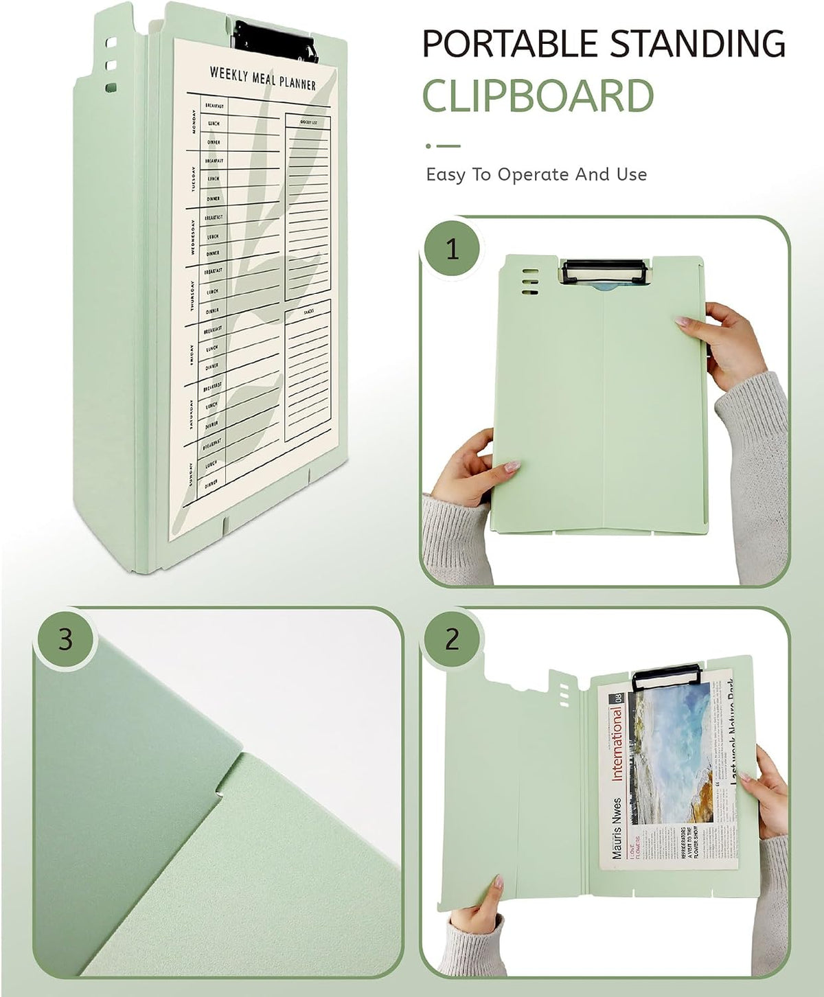 Free Standing Clipboard and Desktop Stand with Adjustable Buckles Easel Back - Foldable Stand and Document Holder for School, Office and Business Use (9.37 x 12.6 inches) (Green)
