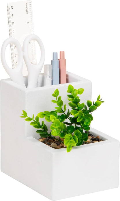 Ceramic Desktop Planter Pencil Cup, Desk Organizer with Faux Succulent, White