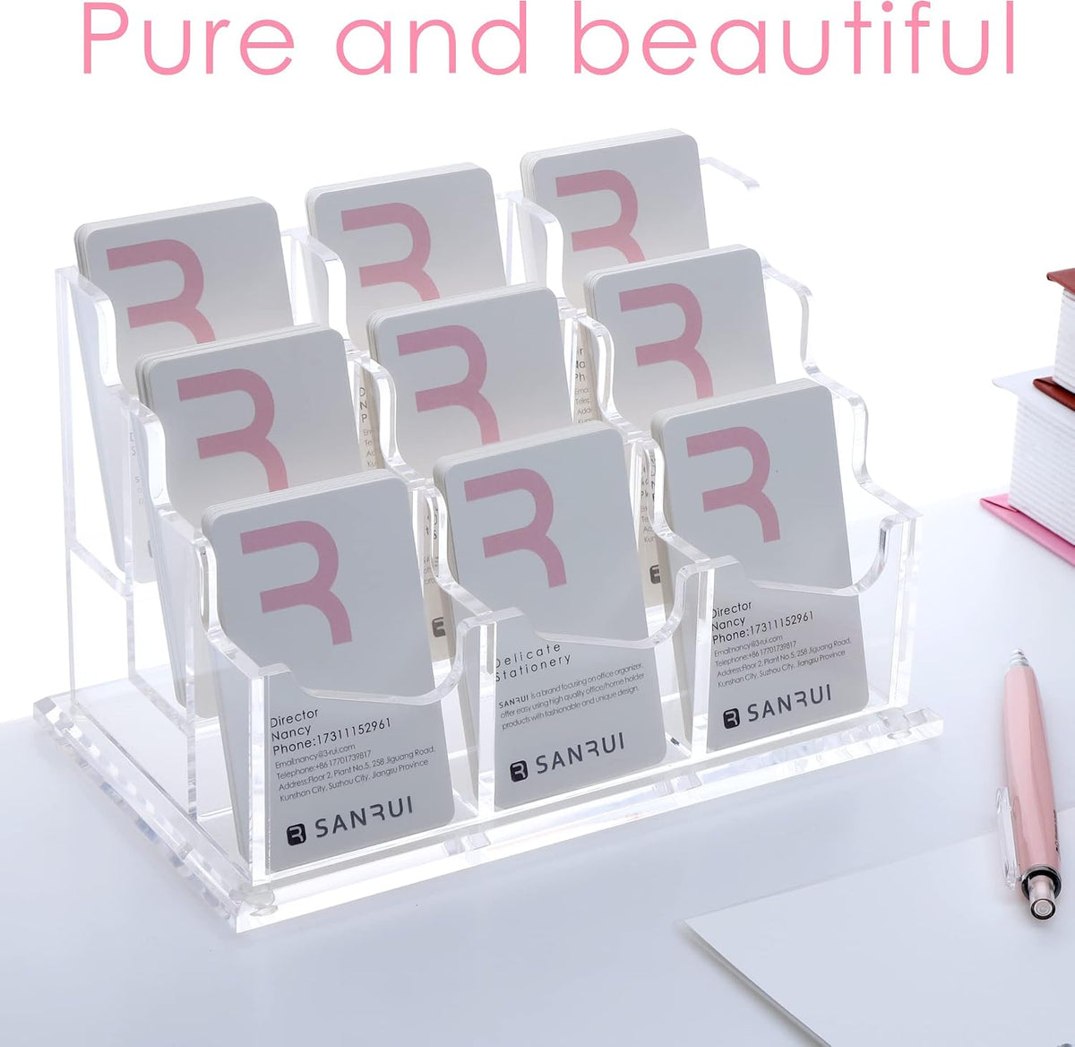 Vertical Business Card Holder for Desk，Clear Acrylic Business Card Display Stand，1 Slots ，Holds 50-60 Cards