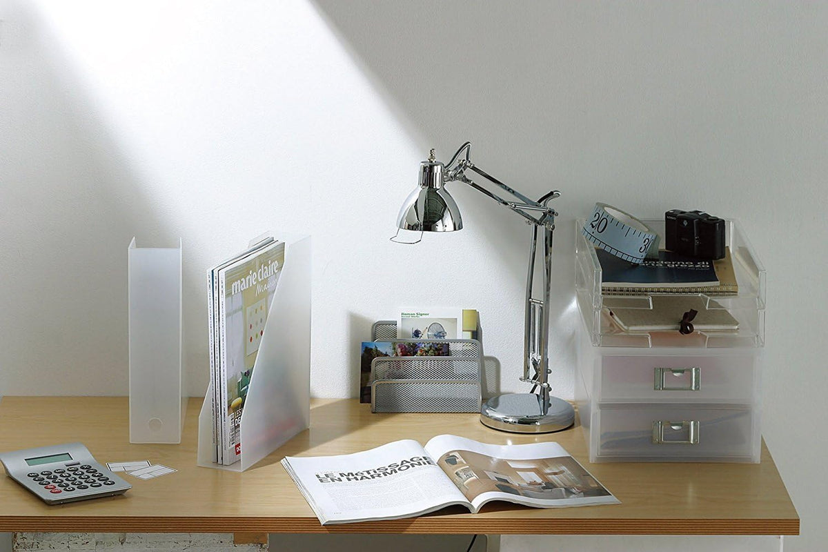 MX-19 | Magazine File Set of 2 | File Holder, Office Organizer, Front Opening | Desk, Kitchen, Shelf, Table top, Drawer | 3.03" × 9.96" × 12.09" | Tr. White