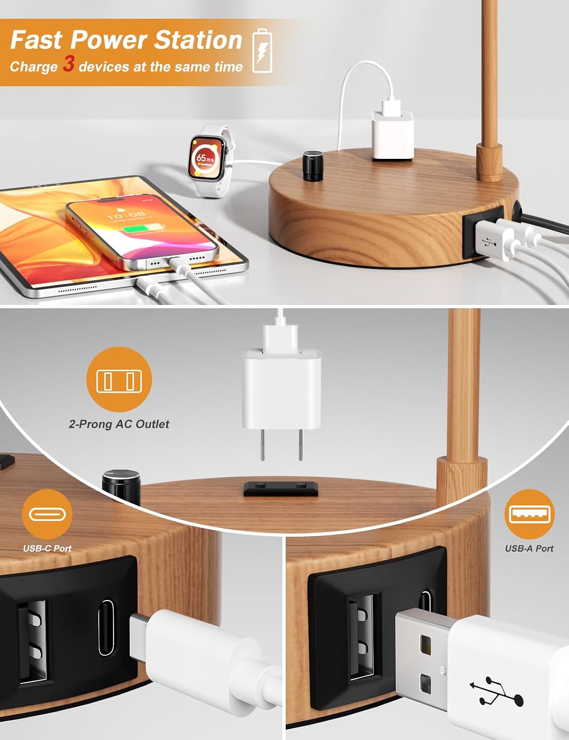 20.7" Tall Table Lamp with USB & Outlet, Fully Dimmable Nightstand Lamp
