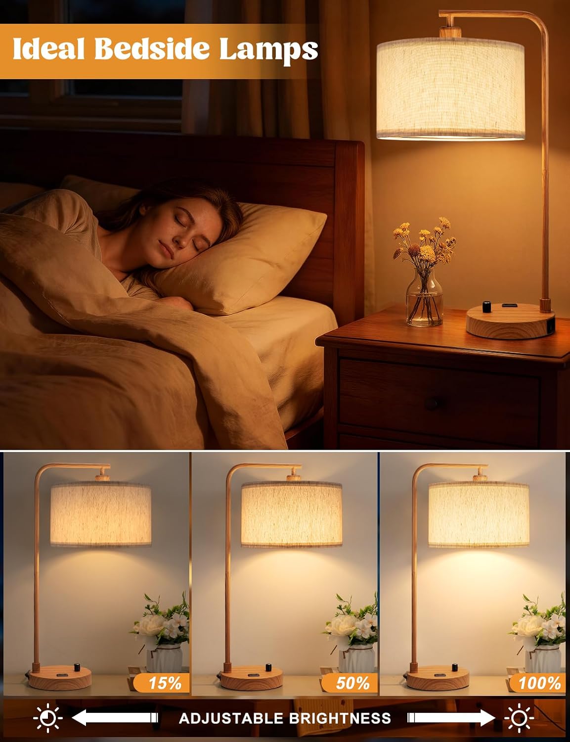 20.7" Tall Table Lamp with USB & Outlet, Fully Dimmable Nightstand Lamp