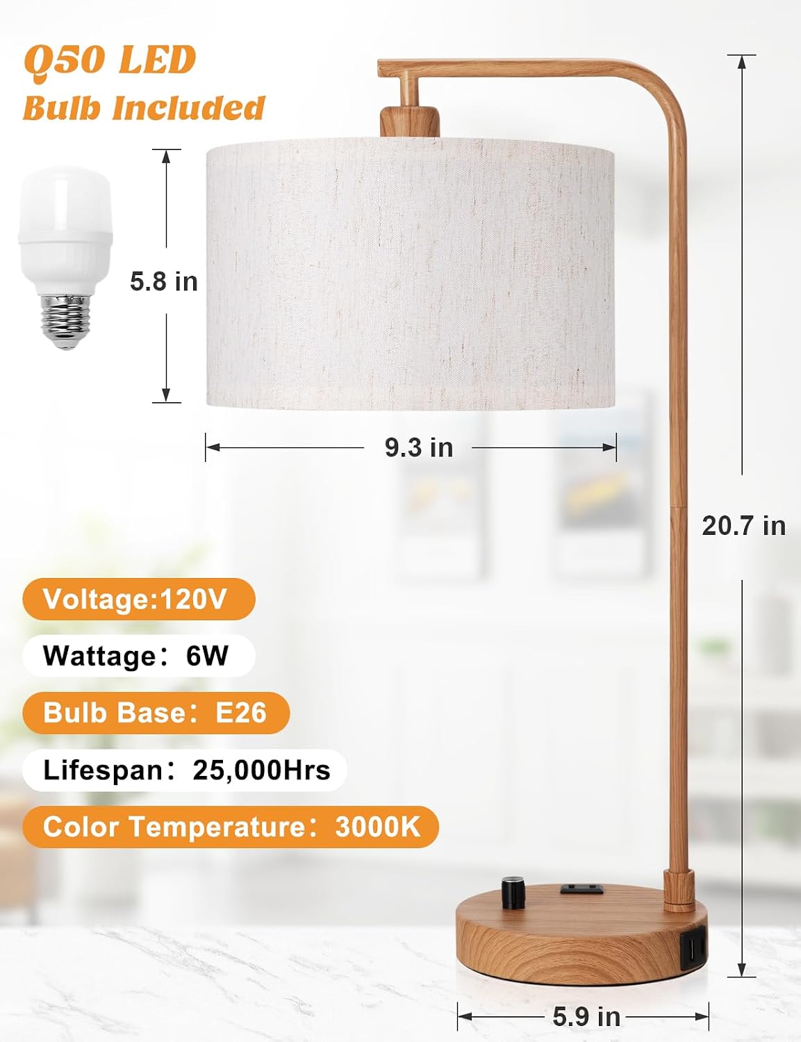 20.7" Tall Table Lamp with USB & Outlet, Fully Dimmable Nightstand Lamp