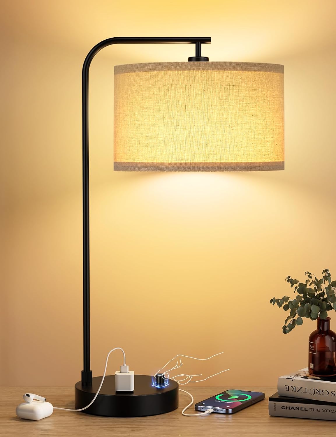 20.7" Tall Table Lamp with USB & Outlet, Fully Dimmable Nightstand Lamp