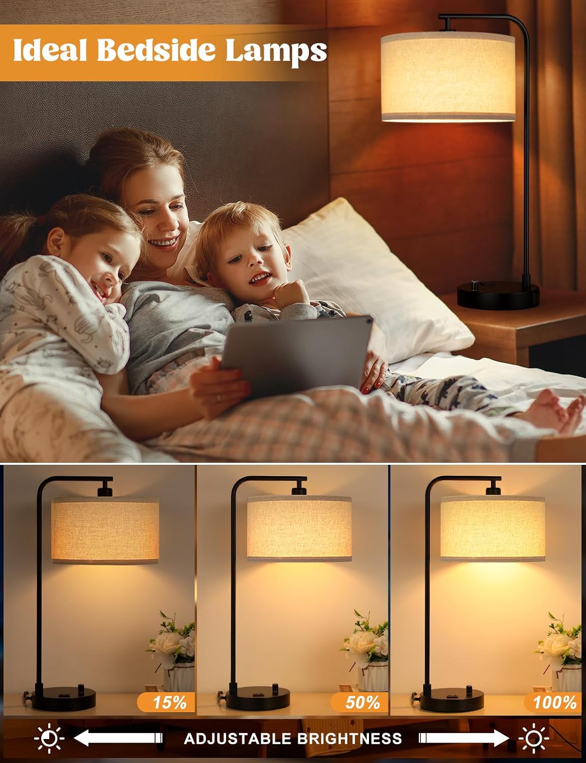 20.7" Tall Table Lamp with USB & Outlet, Fully Dimmable Nightstand Lamp