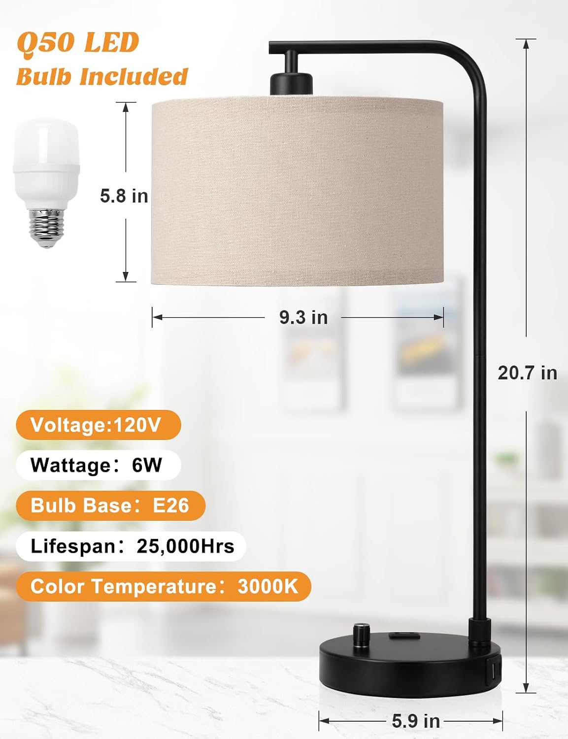 20.7" Tall Table Lamp with USB & Outlet, Fully Dimmable Nightstand Lamp