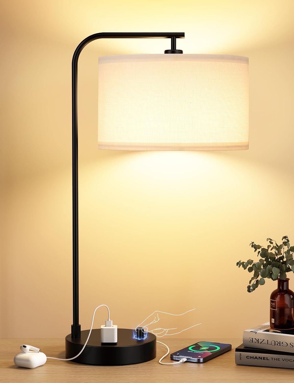 20.7" Tall Table Lamp with USB & Outlet, Fully Dimmable Nightstand Lamp