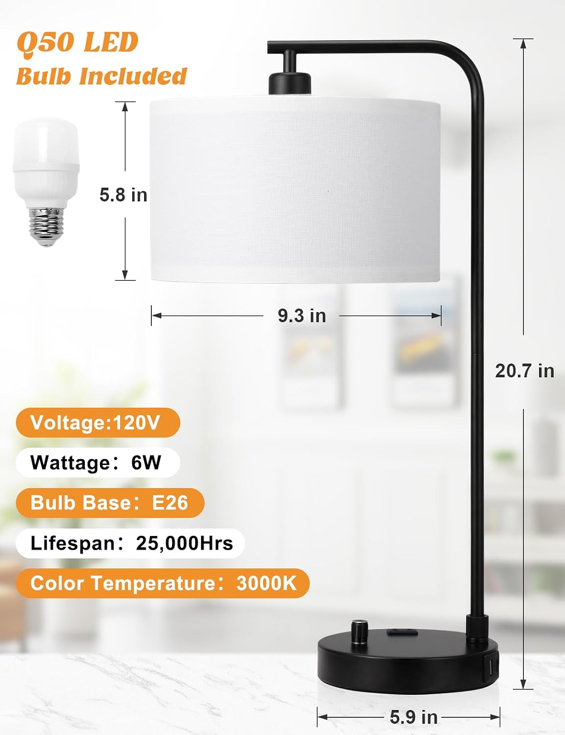 20.7" Tall Table Lamp with USB & Outlet, Fully Dimmable Nightstand Lamp