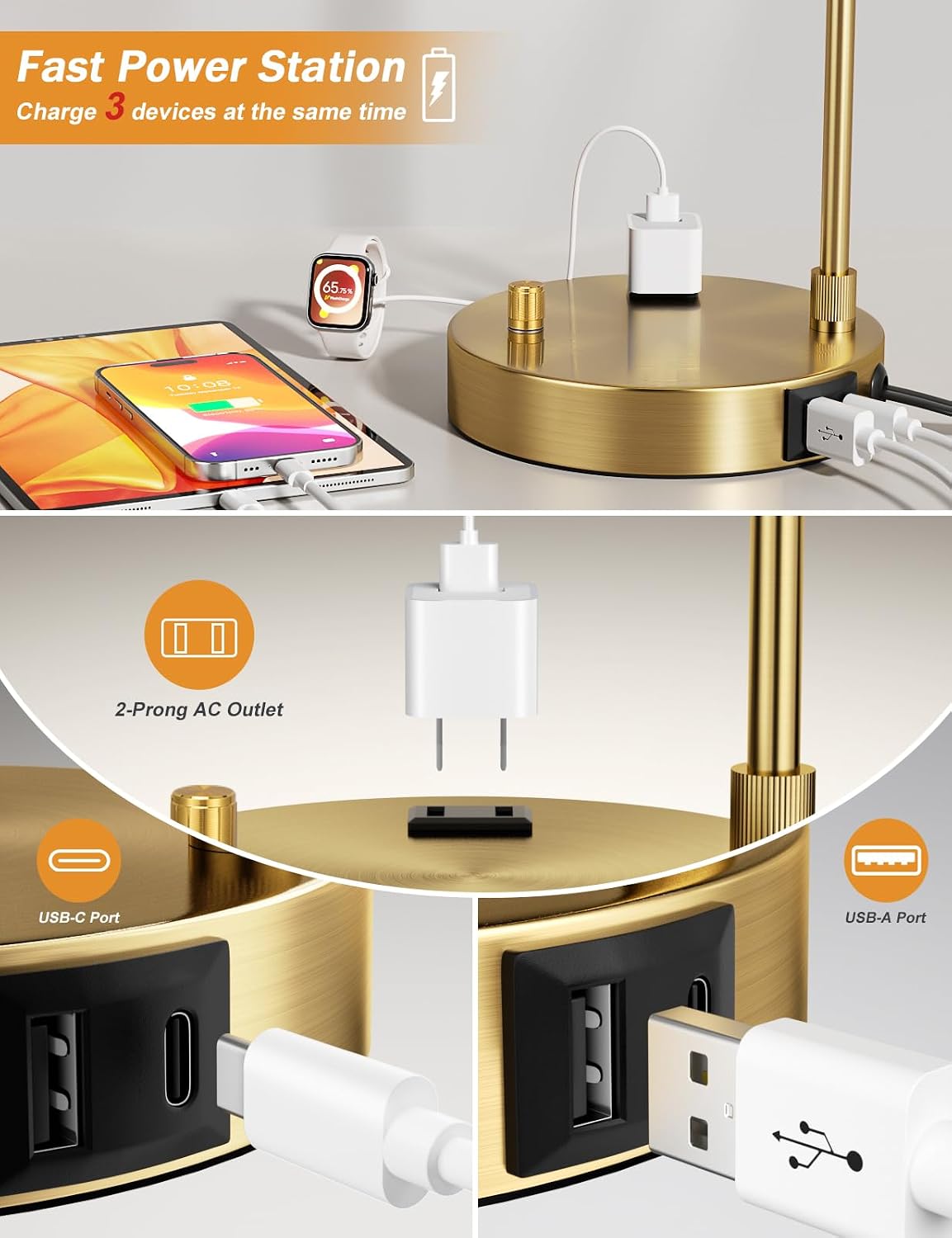 20.7" Tall Table Lamp with USB & Outlet, Fully Dimmable Nightstand Lamp