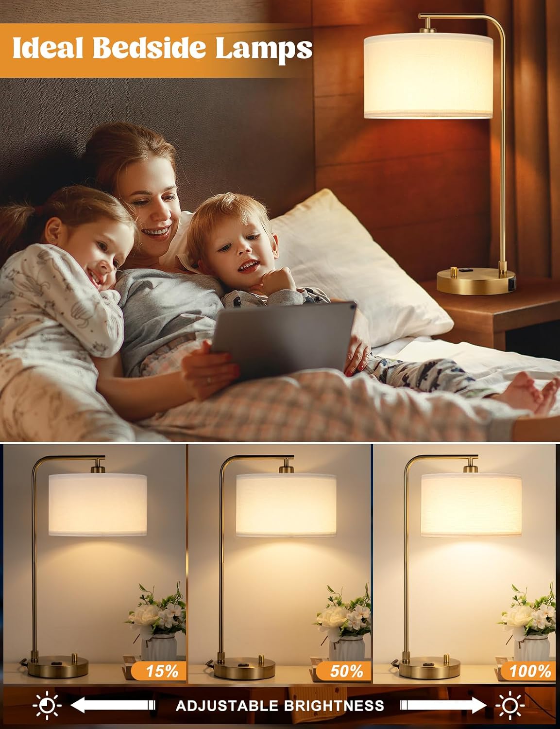 20.7" Tall Table Lamp with USB & Outlet, Fully Dimmable Nightstand Lamp
