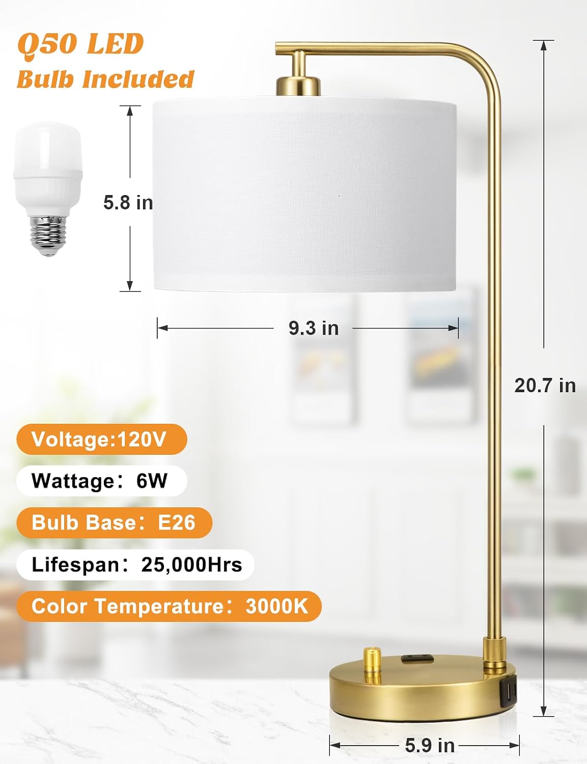 20.7" Tall Table Lamp with USB & Outlet, Fully Dimmable Nightstand Lamp