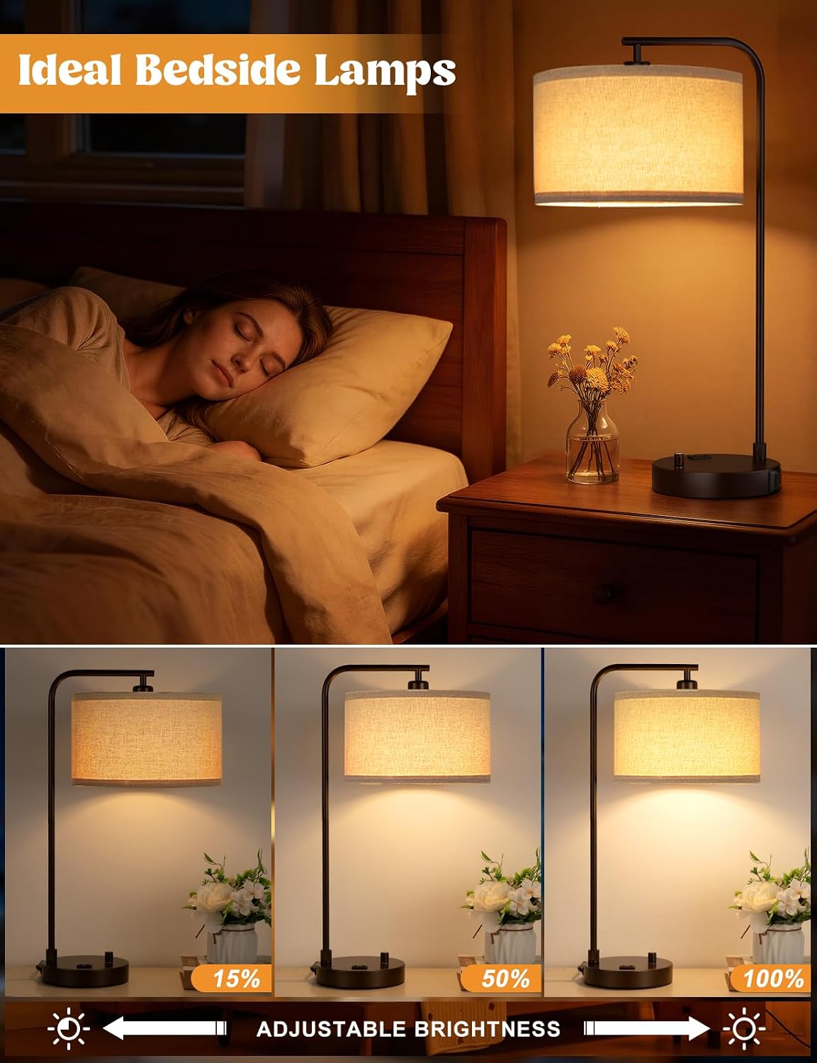 20.7" Tall Table Lamp with USB & Outlet, Fully Dimmable Nightstand Lamp