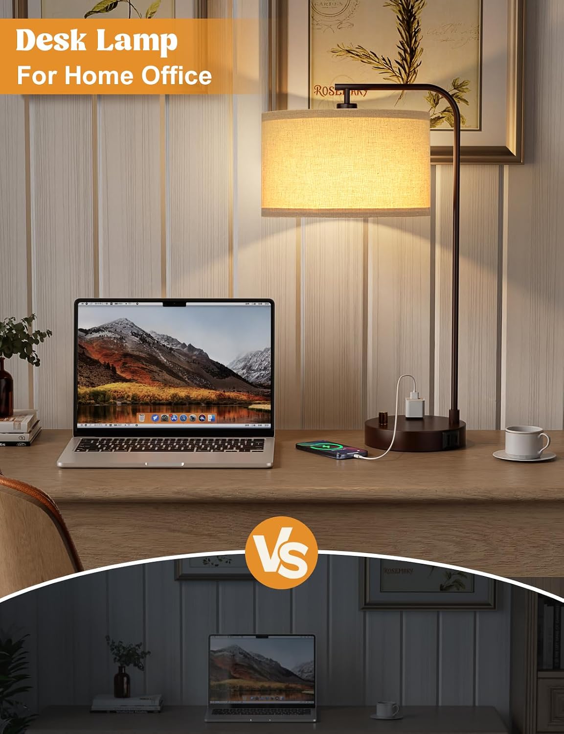 20.7" Tall Table Lamp with USB & Outlet, Fully Dimmable Nightstand Lamp