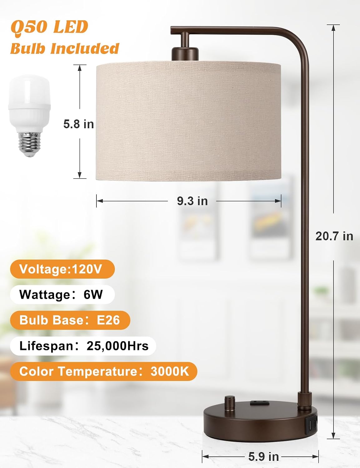 20.7" Tall Table Lamp with USB & Outlet, Fully Dimmable Nightstand Lamp