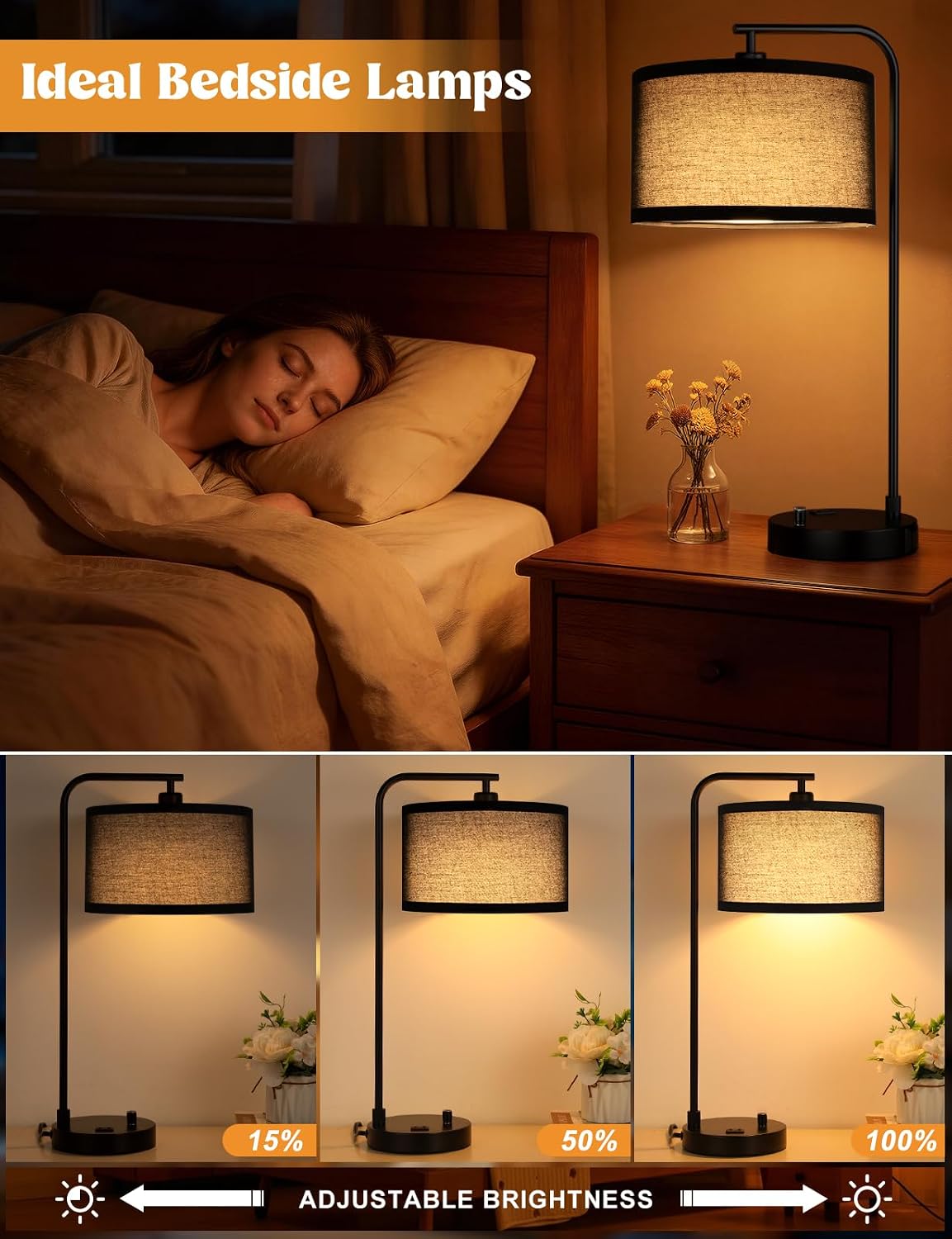 20.7" Tall Table Lamp with USB & Outlet, Fully Dimmable Nightstand Lamp