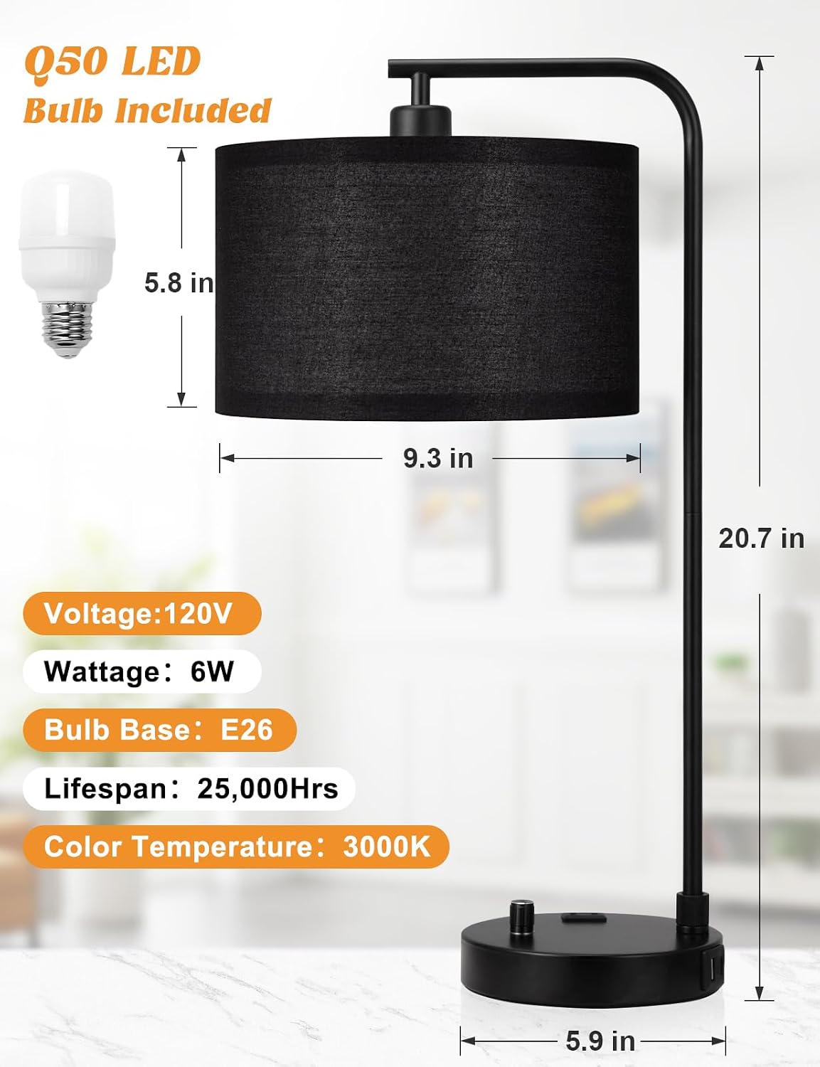 20.7" Tall Table Lamp with USB & Outlet, Fully Dimmable Nightstand Lamp