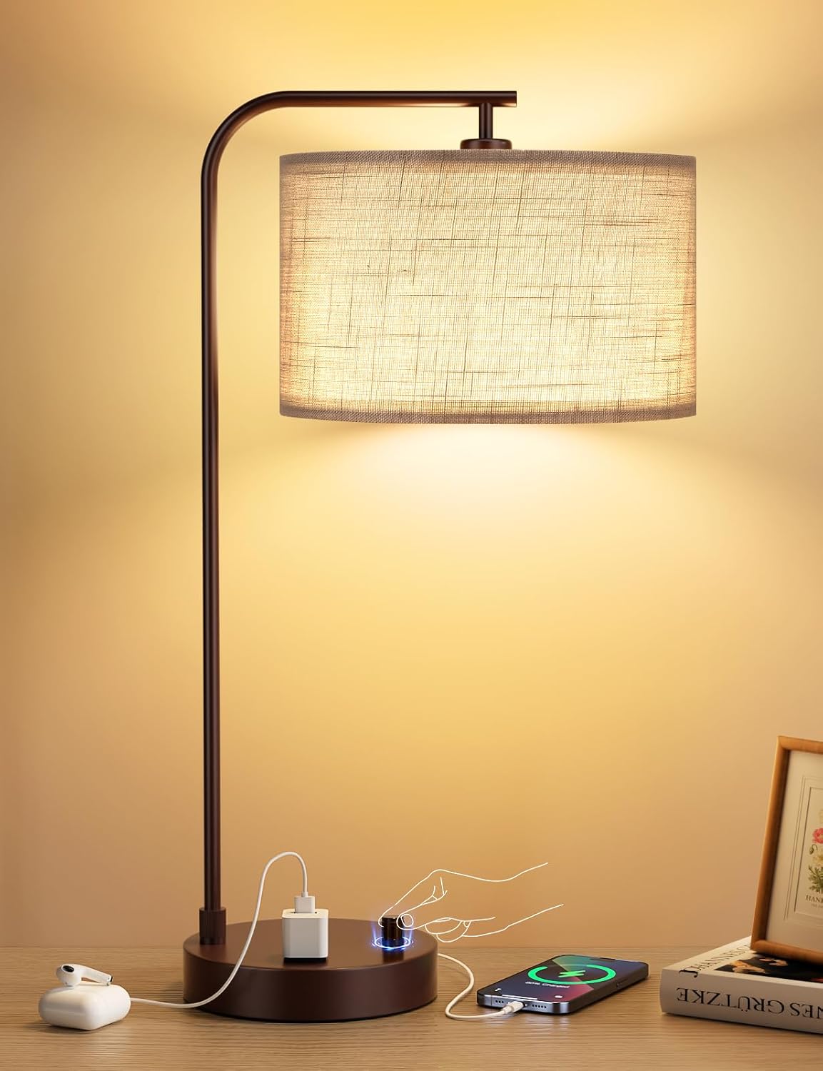 20.7" Tall Table Lamp with USB & Outlet, Fully Dimmable Nightstand Lamp