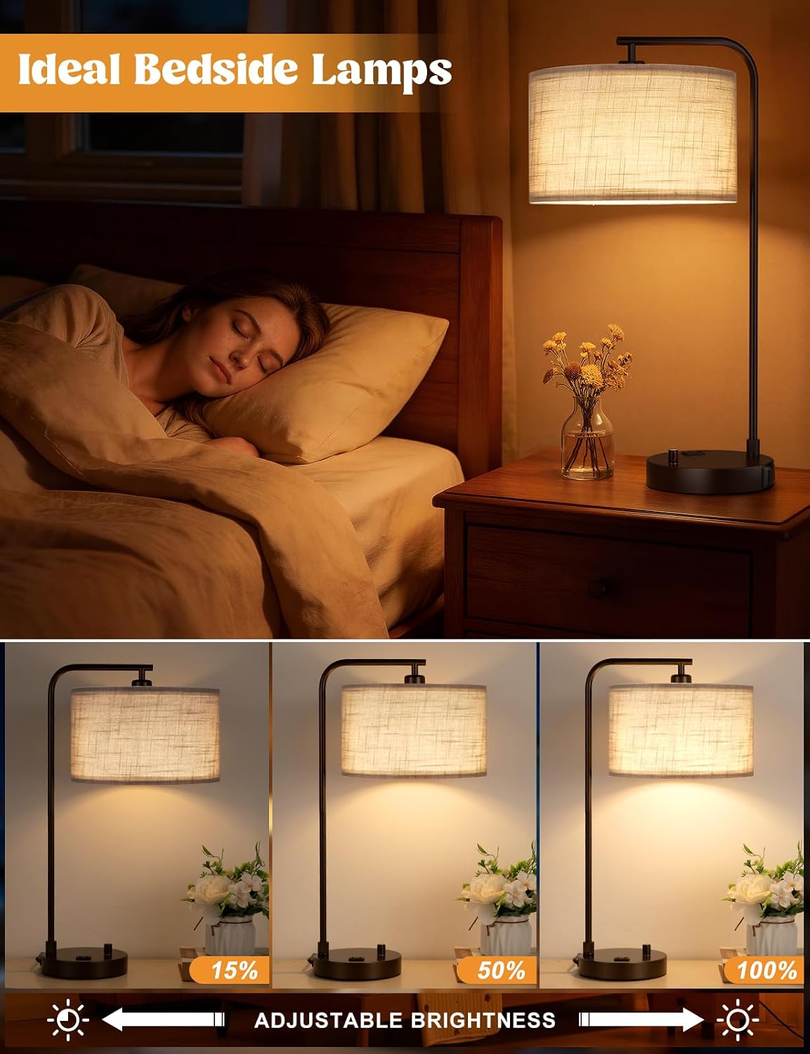 20.7" Tall Table Lamp with USB & Outlet, Fully Dimmable Nightstand Lamp