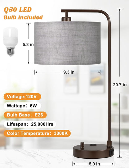 20.7" Tall Table Lamp with USB & Outlet, Fully Dimmable Nightstand Lamp