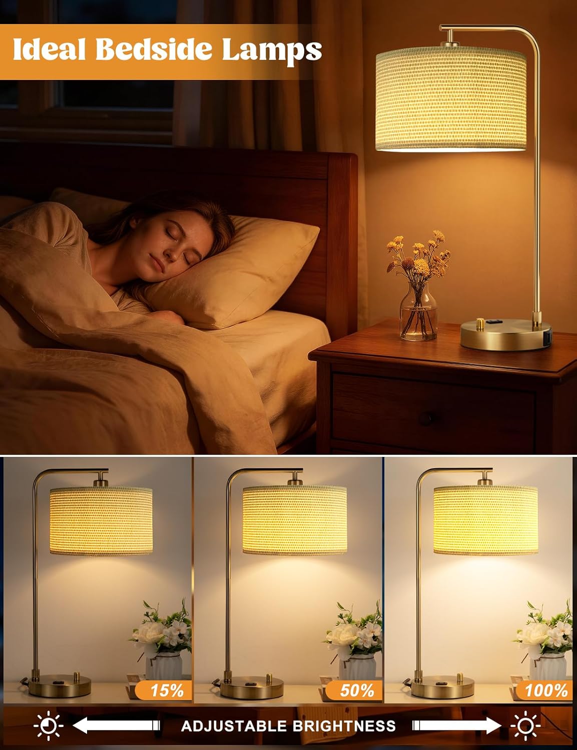 20.7" Tall Table Lamp with USB & Outlet, Fully Dimmable Nightstand Lamp