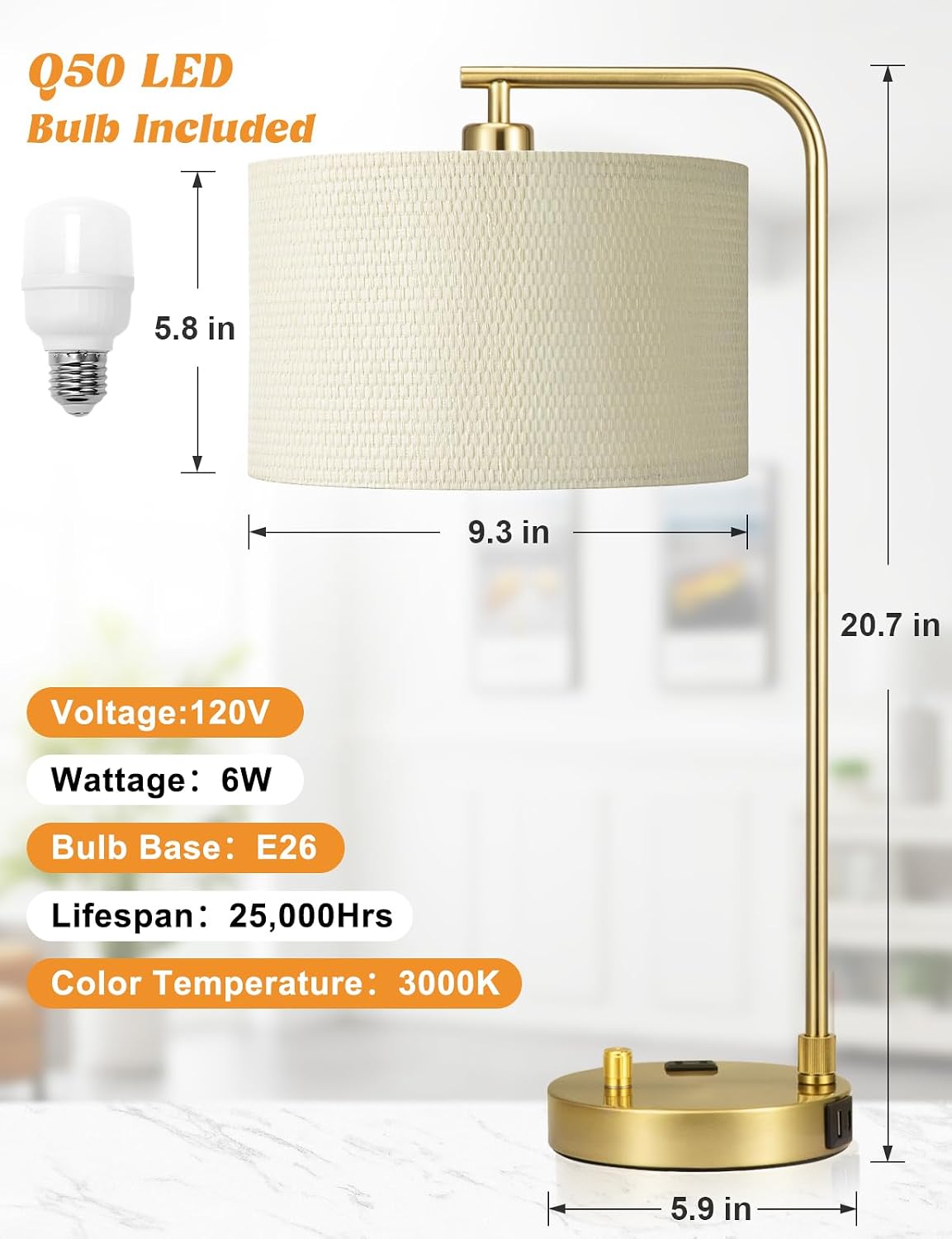 20.7" Tall Table Lamp with USB & Outlet, Fully Dimmable Nightstand Lamp