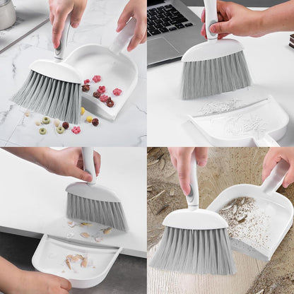 Small Dust Pan and Brush Set, Mini Broom and Dustpan Set, White&Gray