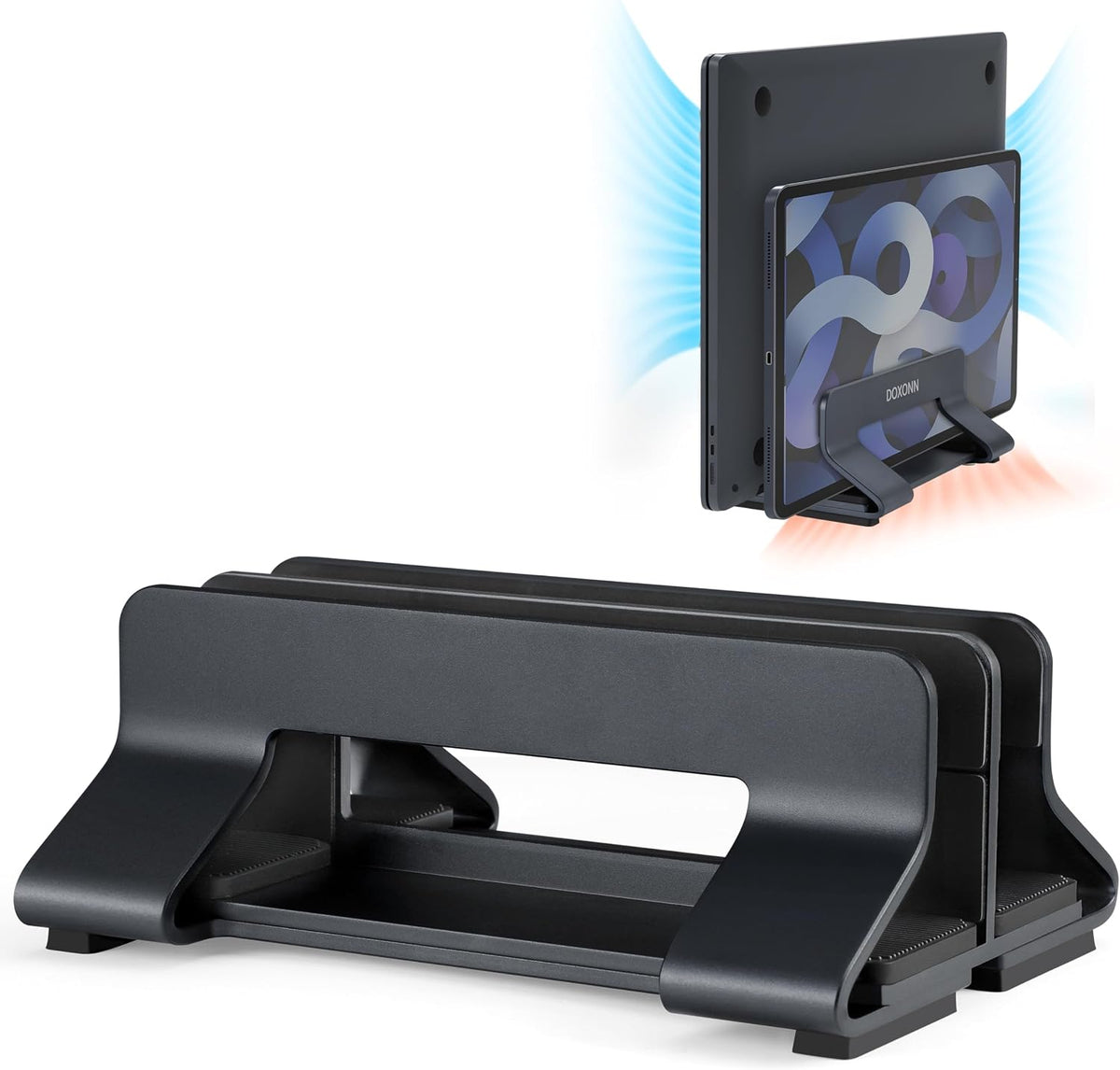 Aluminum Vertical Laptop Stand Dock Holder, Adjustable Slot Width 12-42mm, Space-Saving Upright Storage for MacBook and Laptops