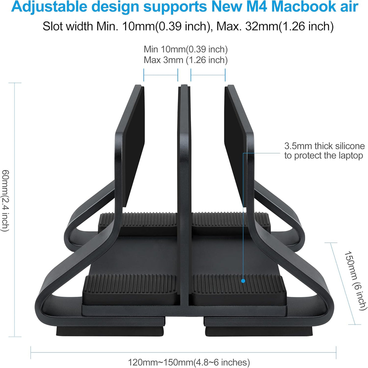 Aluminum Vertical Laptop Stand Dock Holder, Adjustable Slot Width 12-42mm, Space-Saving Upright Storage for MacBook and Laptops