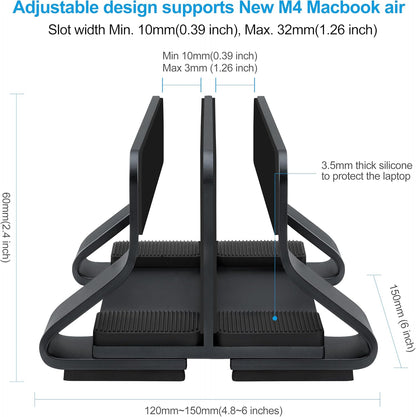 Aluminum Vertical Laptop Stand Dock Holder, Adjustable Slot Width 12-42mm, Space-Saving Upright Storage for MacBook and Laptops