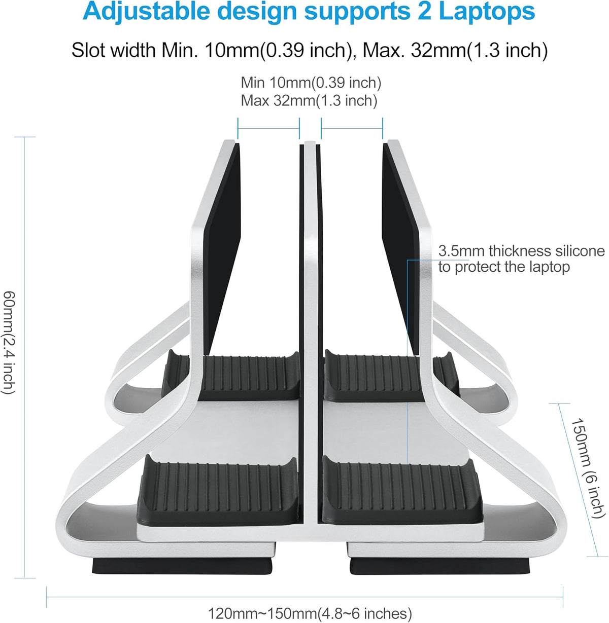 Aluminum Vertical Laptop Stand Dock Holder, Adjustable Slot Width 12-42mm, Space-Saving Upright Storage for MacBook and Laptops
