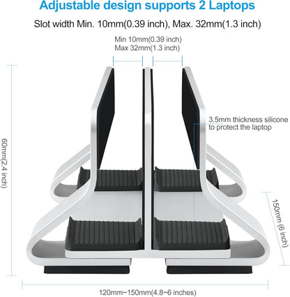 Aluminum Vertical Laptop Stand Dock Holder, Adjustable Slot Width 12-42mm, Space-Saving Upright Storage for MacBook and Laptops