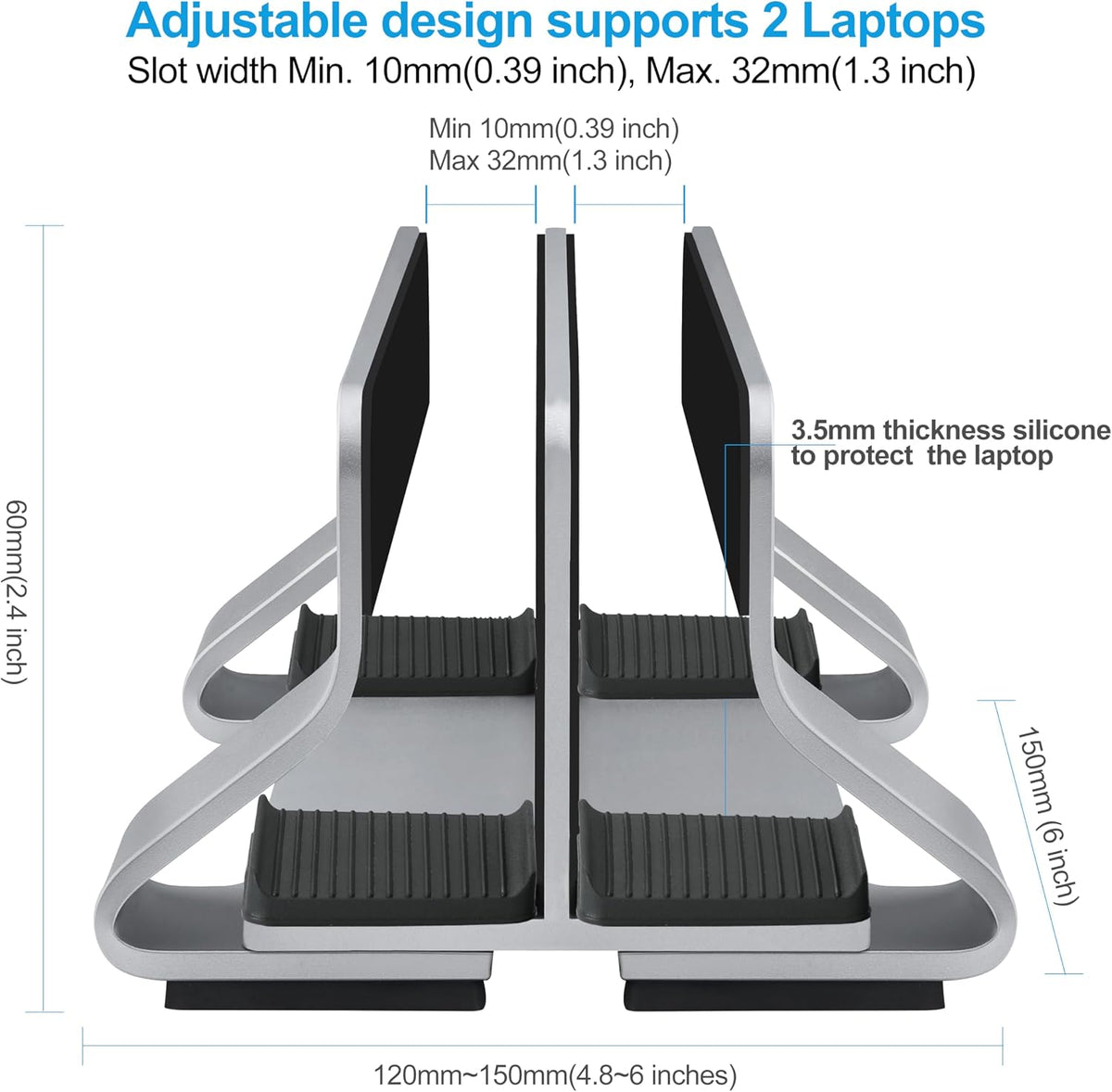 Aluminum Vertical Laptop Stand Dock Holder, Adjustable Slot Width 12-42mm, Space-Saving Upright Storage for MacBook and Laptops