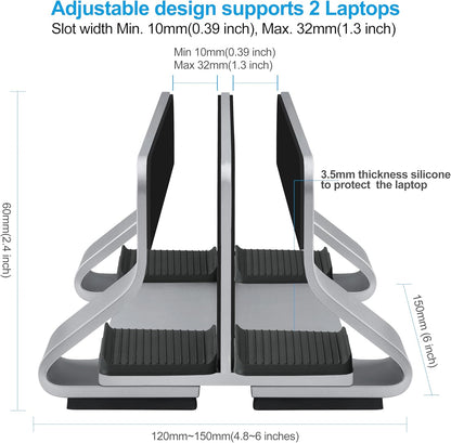 Aluminum Vertical Laptop Stand Dock Holder, Adjustable Slot Width 12-42mm, Space-Saving Upright Storage for MacBook and Laptops