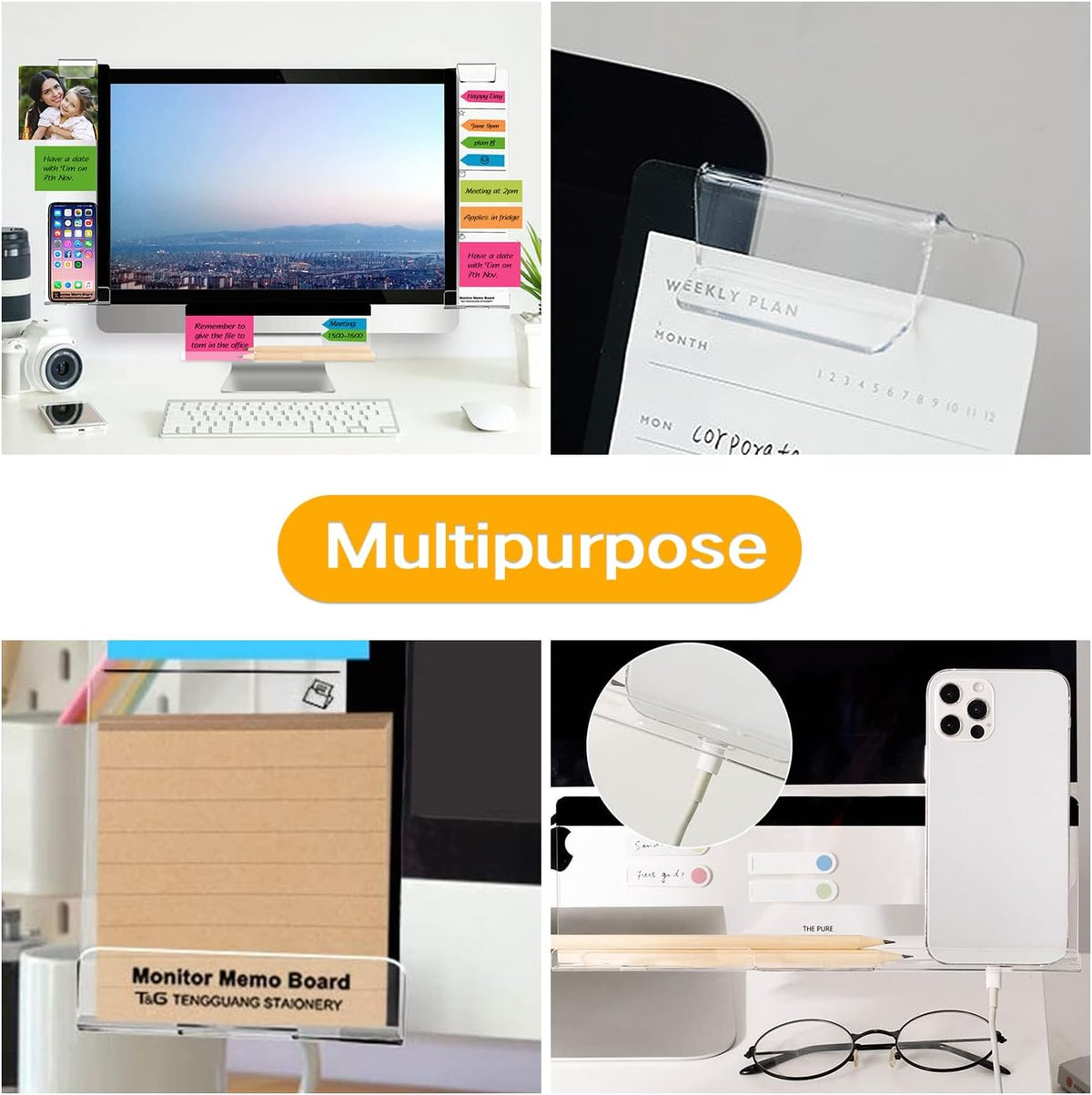 Monitor Memo Boards for Computer, Set of 3 (Left & Right & Bottom) Multifunction Acrylic Screen Message Reminder Pad Side Panels Phone Holder - Utility Organizer for Office Desktop, with Sticky Notes
