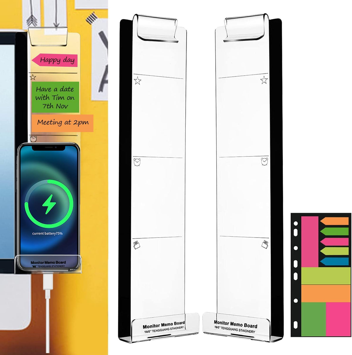 Monitor Memo Boards for Computer, Set of 3 (Left & Right & Bottom) Multifunction Acrylic Screen Message Reminder Pad Side Panels Phone Holder - Utility Organizer for Office Desktop, with Sticky Notes
