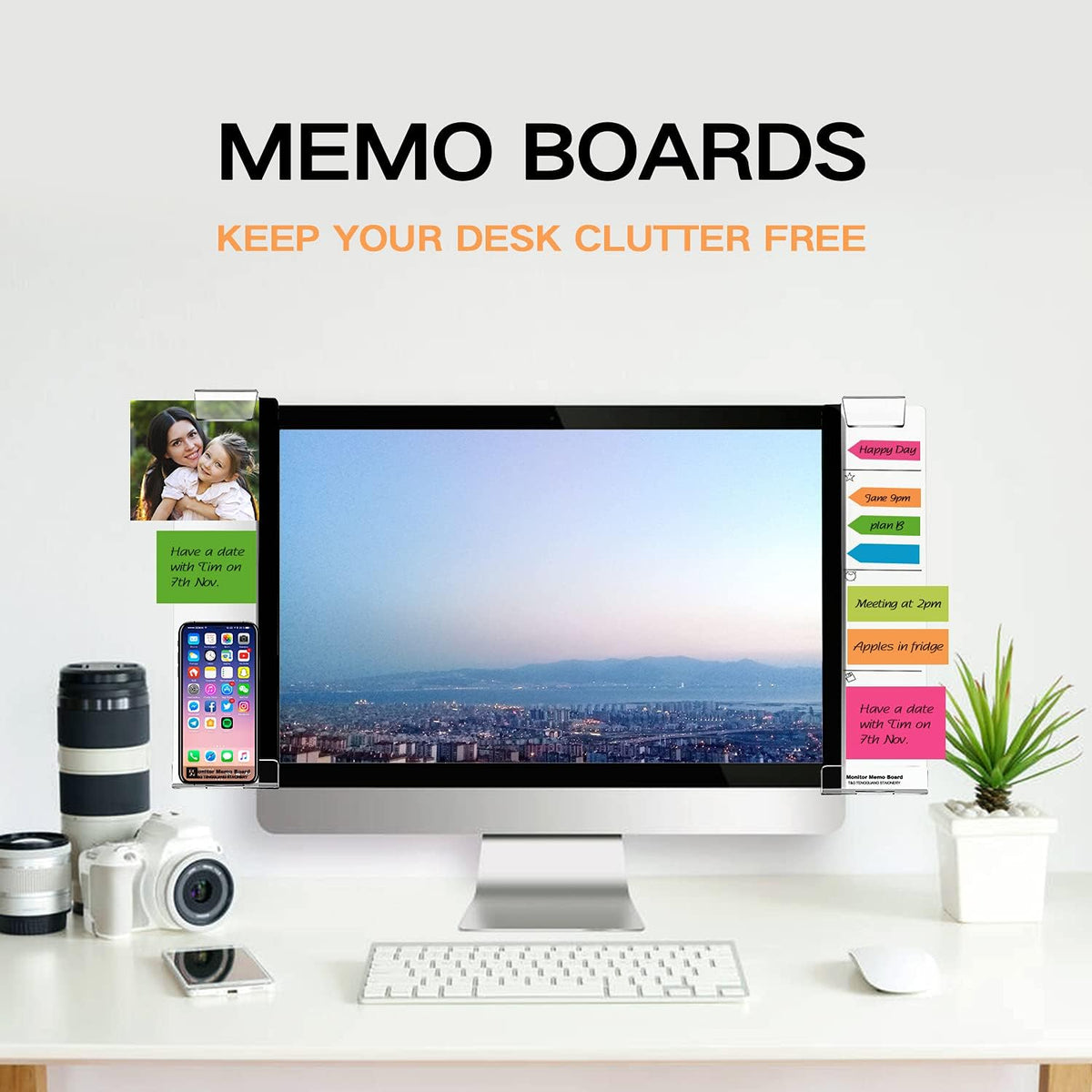 Monitor Memo Boards for Computer, Set of 3 (Left & Right & Bottom) Multifunction Acrylic Screen Message Reminder Pad Side Panels Phone Holder - Utility Organizer for Office Desktop, with Sticky Notes