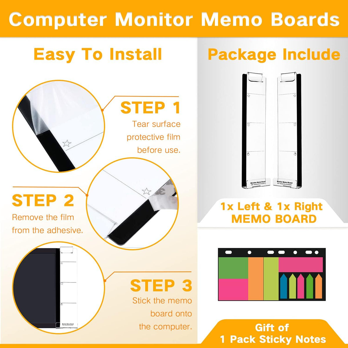 Monitor Memo Boards for Computer, Set of 3 (Left & Right & Bottom) Multifunction Acrylic Screen Message Reminder Pad Side Panels Phone Holder - Utility Organizer for Office Desktop, with Sticky Notes