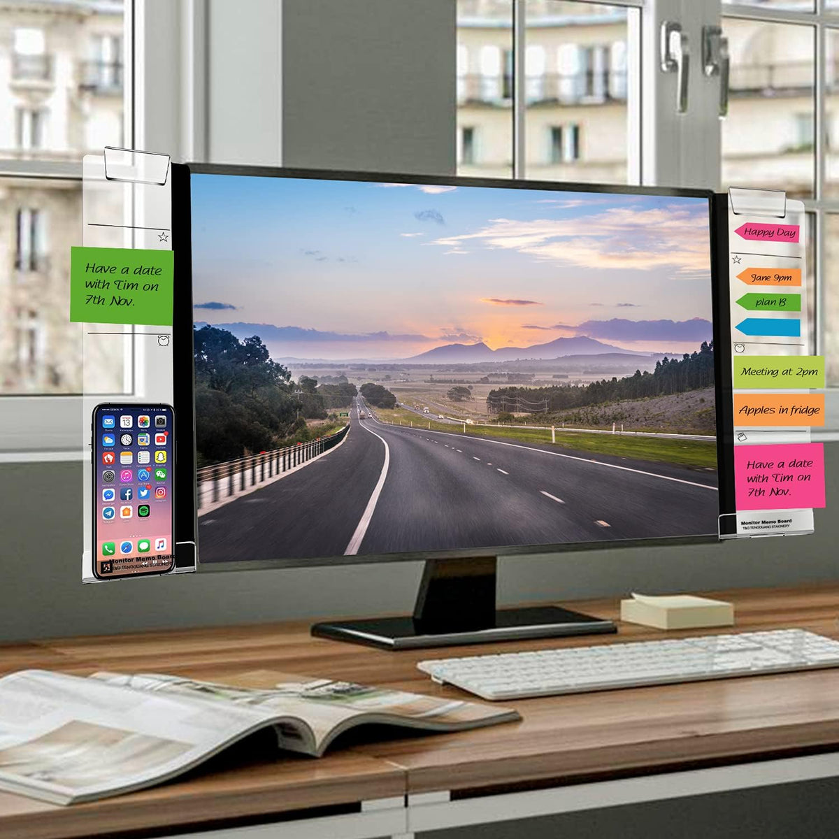 Monitor Memo Boards for Computer, Set of 3 (Left & Right & Bottom) Multifunction Acrylic Screen Message Reminder Pad Side Panels Phone Holder - Utility Organizer for Office Desktop, with Sticky Notes
